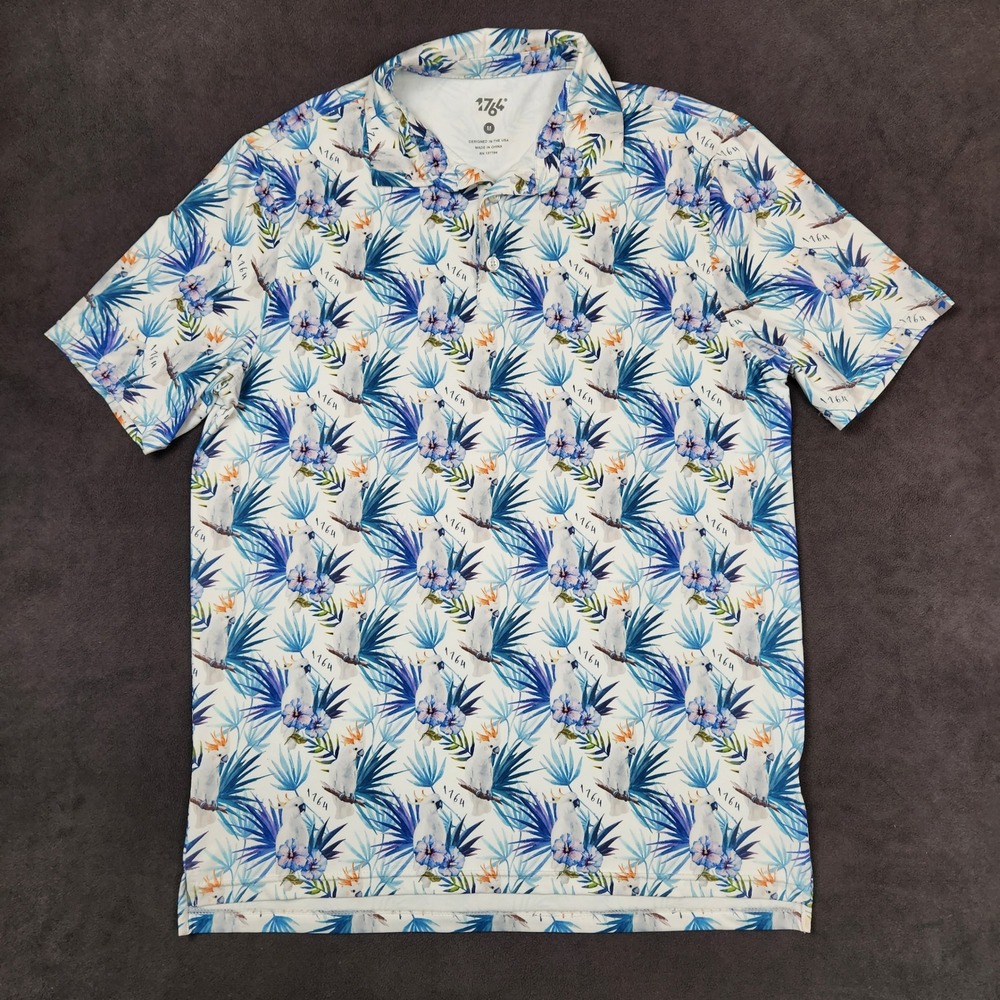 1764 Golf Polo Shirt Mens Medium Floral Parrot AOP Short‎ Sleeve Performance